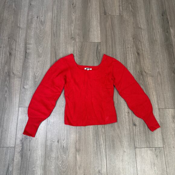 Madewell Soft Wool-Blend Square-Neck Pullover Sweater WMNS S Red Blouson Sleeve - Picture 3 of 8